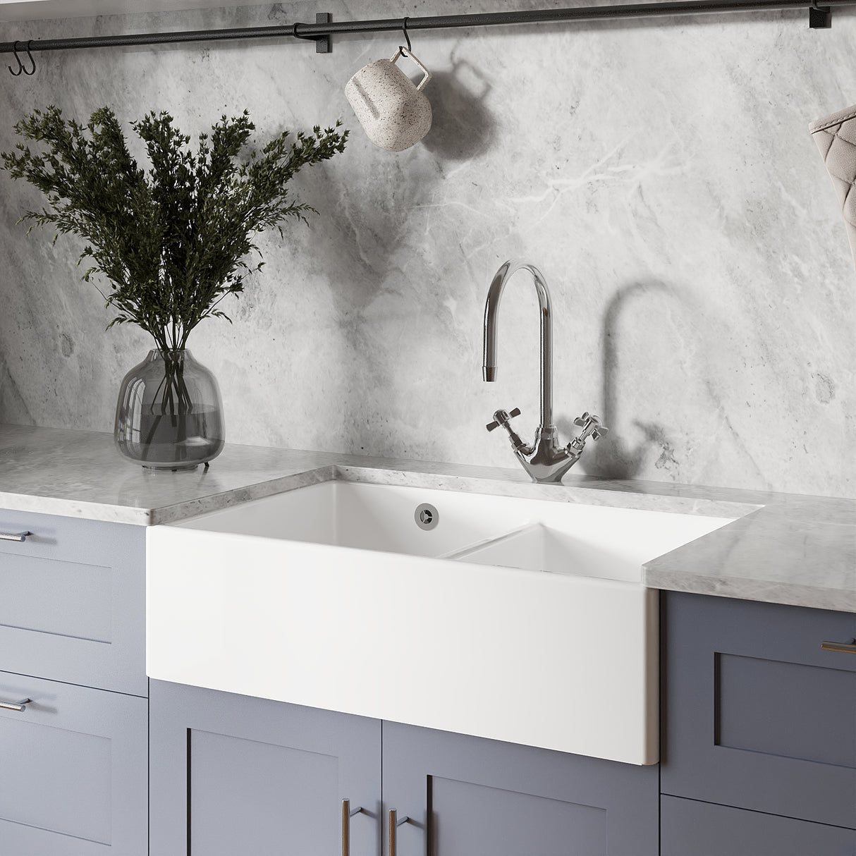 Double Bowl Fireclay Butler Kitchen Sink with a Stepped Weir & Overflow