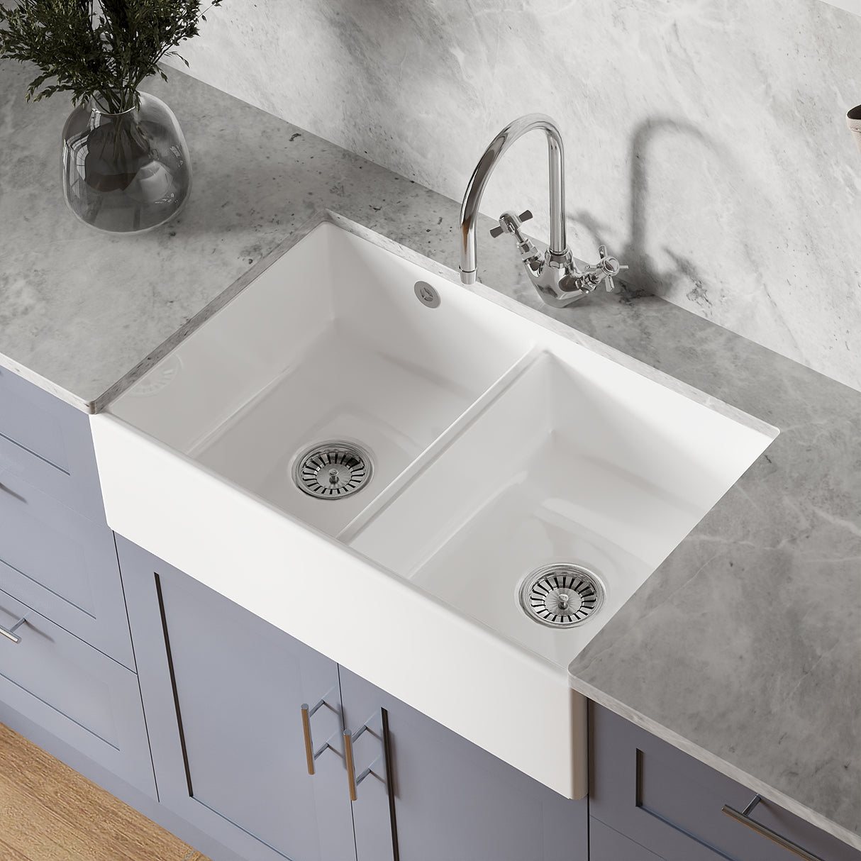 Double Bowl Fireclay Butler Kitchen Sink with a Stepped Weir & Overflow
