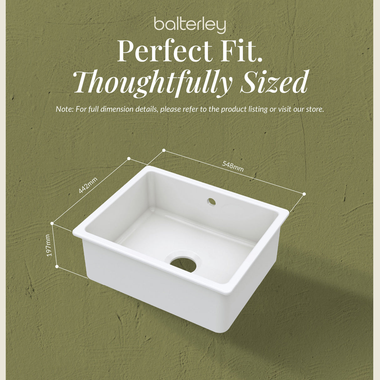 Single Bowl Fireclay Ceramic Square Undermount Kitchen Sink with Overflow - 548mm - Choice of Finish