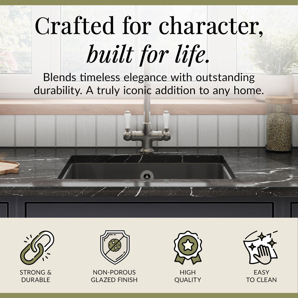 Single Bowl Fireclay Ceramic Square Undermount Kitchen Sink with Overflow - 548mm - Choice of Finish