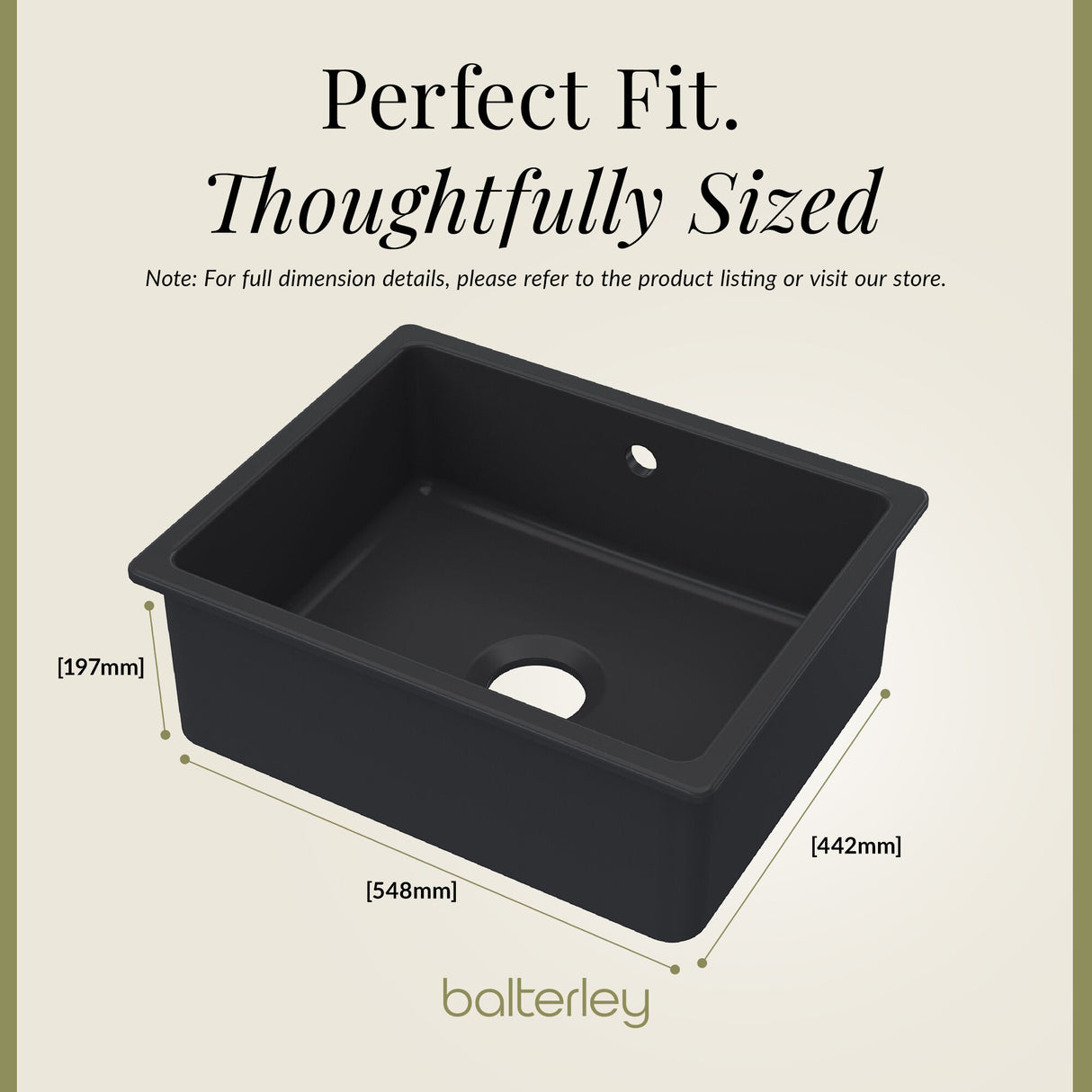 Single Bowl Fireclay Ceramic Square Undermount Kitchen Sink with Overflow - 548mm - Choice of Finish
