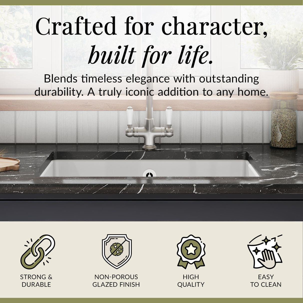 Single Bowl Fireclay Ceramic Undermount Kitchen Sink with Overflow and Central Waste Position - 711mm