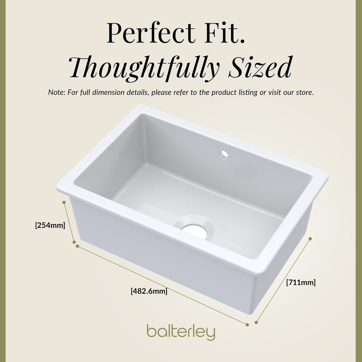 Single Bowl Fireclay Ceramic Undermount Kitchen Sink with Overflow and Central Waste Position - 711mm