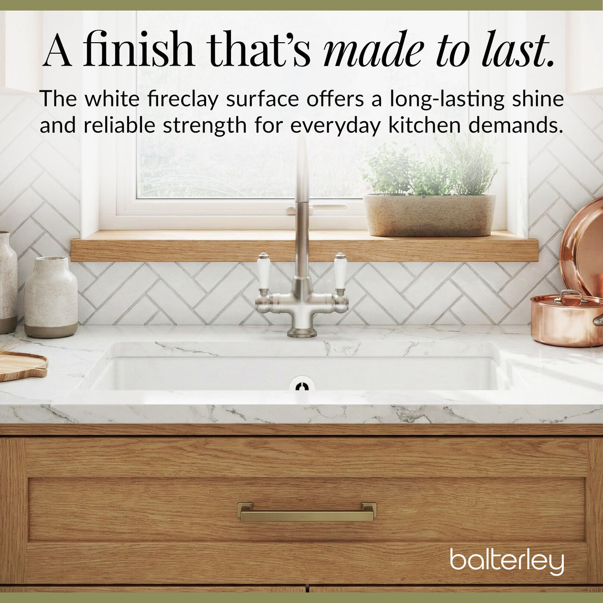 Single Bowl Fireclay Ceramic Undermount Kitchen Sink with Overflow and Central Waste Position - 711mm