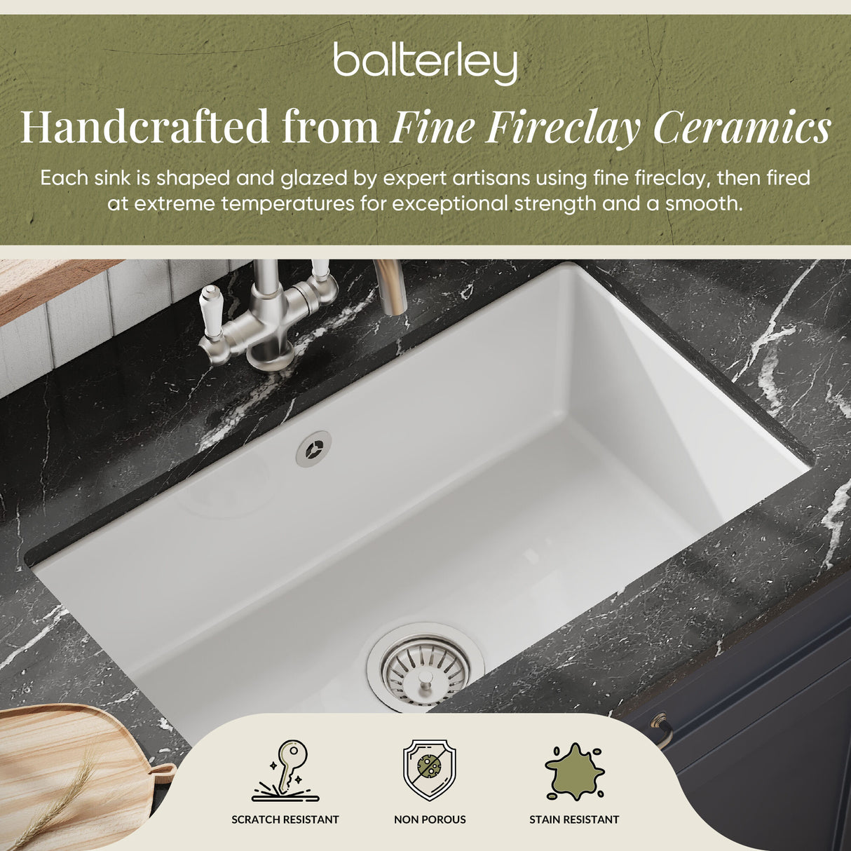 Single Bowl Fireclay Ceramic Rectangular Undermount Kitchen Sink with Overflow - 763mm