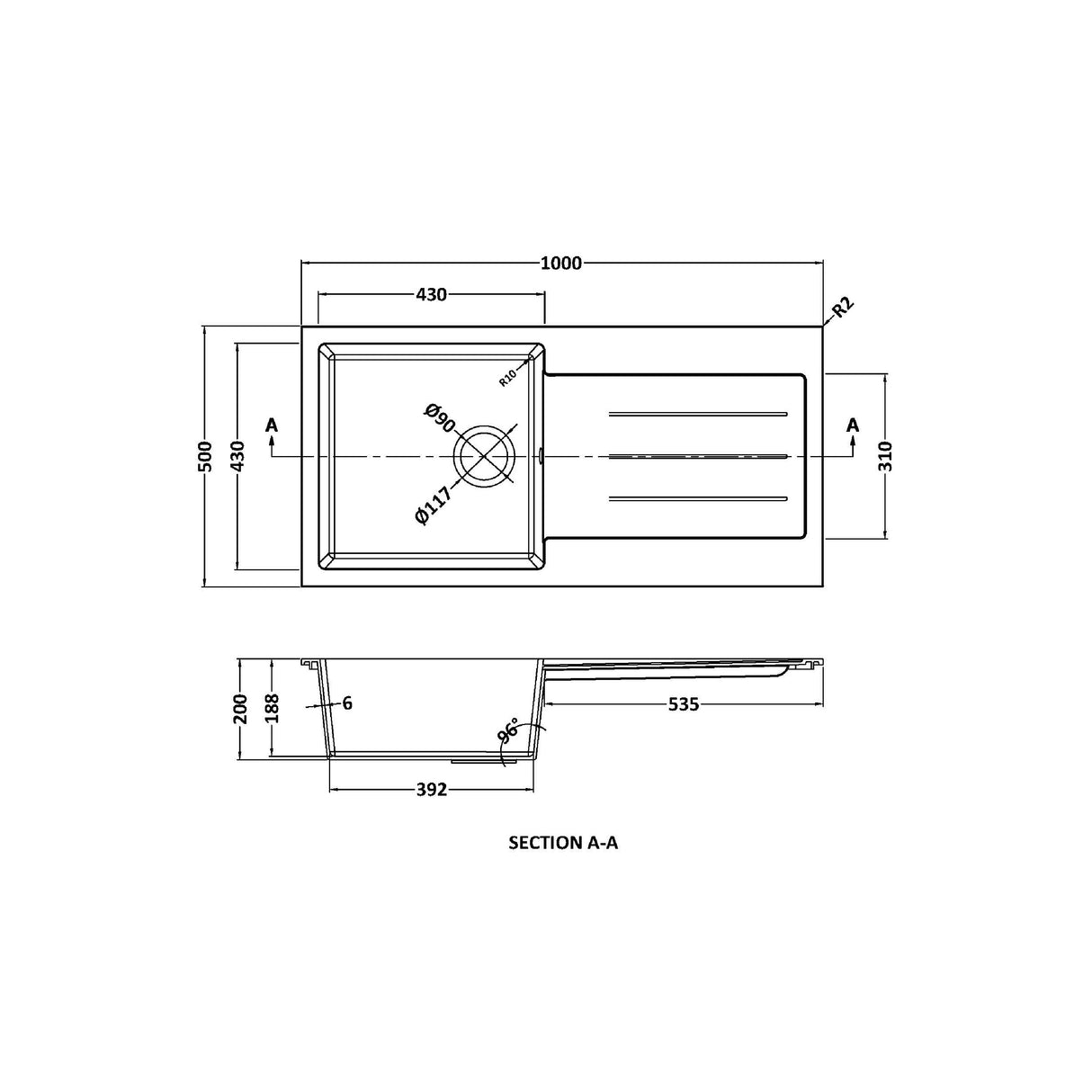 101cm Composite Inset Kitchen Sink with Overflow & Drainer - Available in Multiple Colours