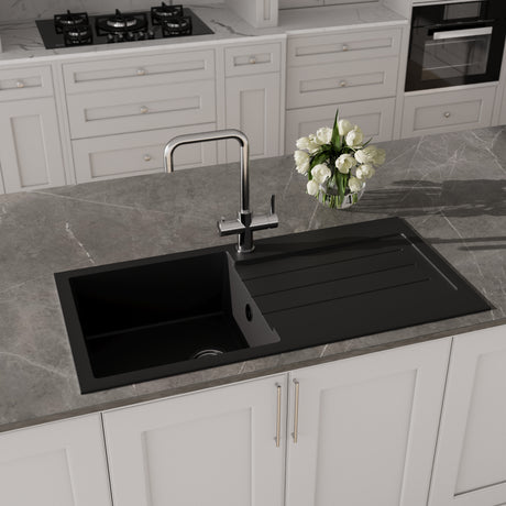 Single Bowl Composite Inset Kitchen Sink with Overflow & Drainer in a Matt Black Finish