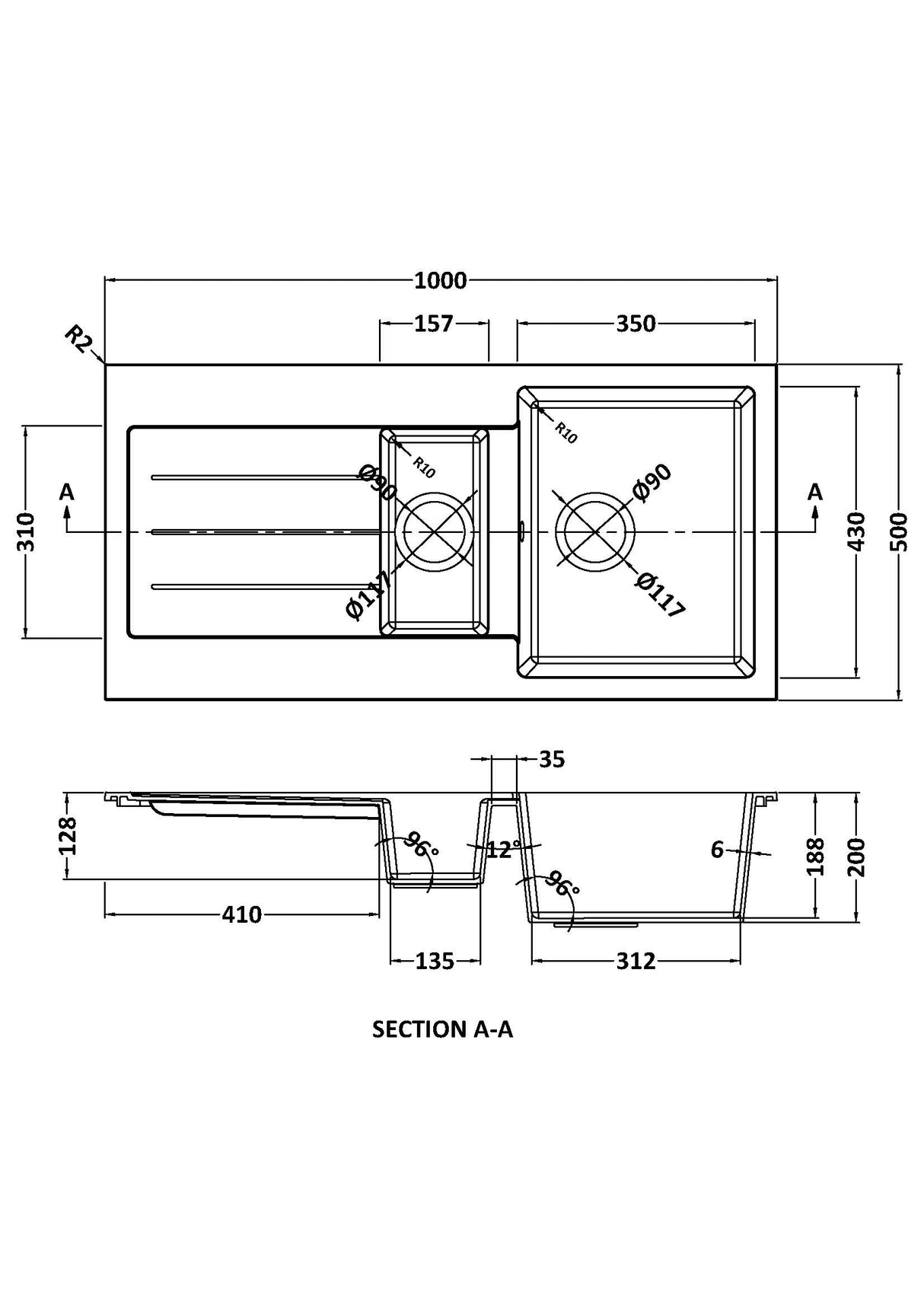 101cm Composite Inset Kitchen Sink with Overflow & Drainer - Available in Multiple Colours