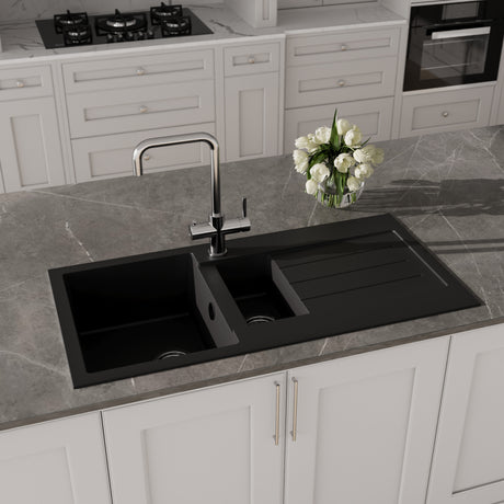 1.5 Bowl Composite Inset Kitchen Sink with Overflow & Drainer in a Matt Black Finish