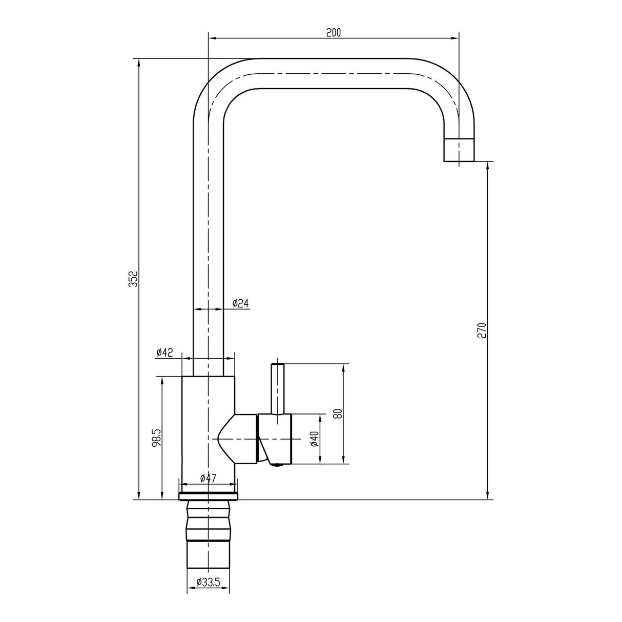 Modern Square Kitchen Sink Mixer Tap Single Lever, Top Fix Installation – 352 x 90 x 245 mm, Choice of Colour