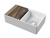 Double Bowl Fireclay Ceramic Kitchen Sink Bundle with Thin Edge, Flush Weir and Overflows, Work Station and Grid