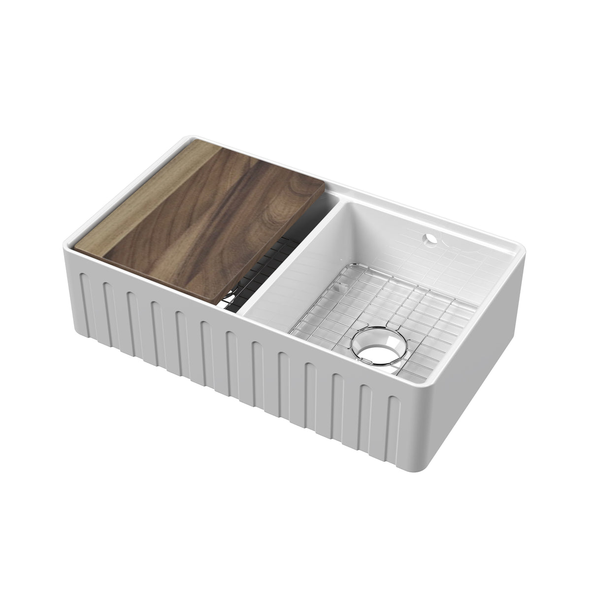 Double Bowl Fireclay Ceramic Fluted Front Kitchen Sink Bundle with Thi KU Kitchens and