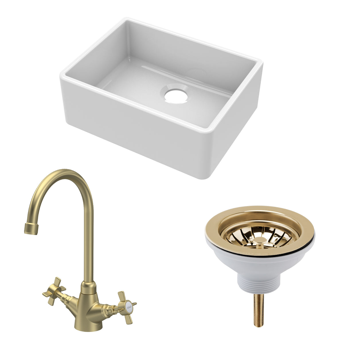 Fireclay Kitchen Bundle - Single Bowl Butler Sink, Strainer Waste & Mono Crosshead Handle Tap, 595mm - Brushed Brass