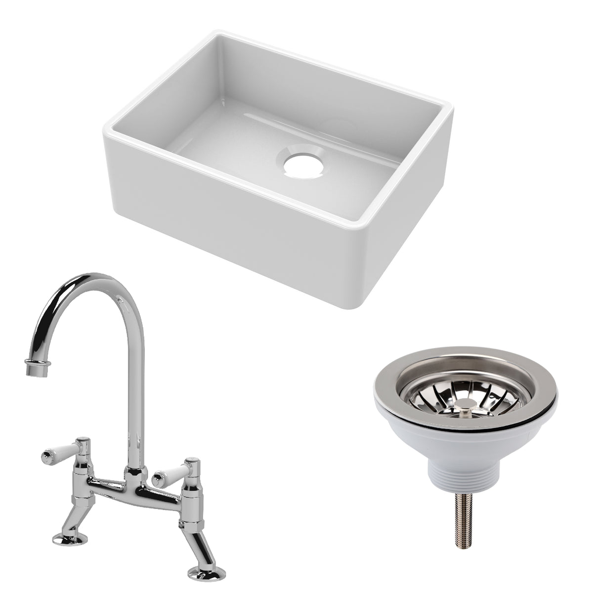 Fireclay Kitchen Bundle - Single Bowl Butler Sink, Strainer Waste & Bridge Mixer Tap, 595mm - Chrome