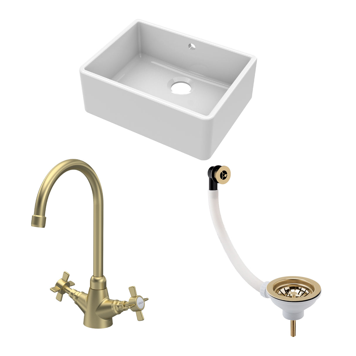 Fireclay Kitchen Bundle - Single Bowl Butler Sink with Overflow, Waste & Mono Crosshead Tap, 595mm - Brushed Brass