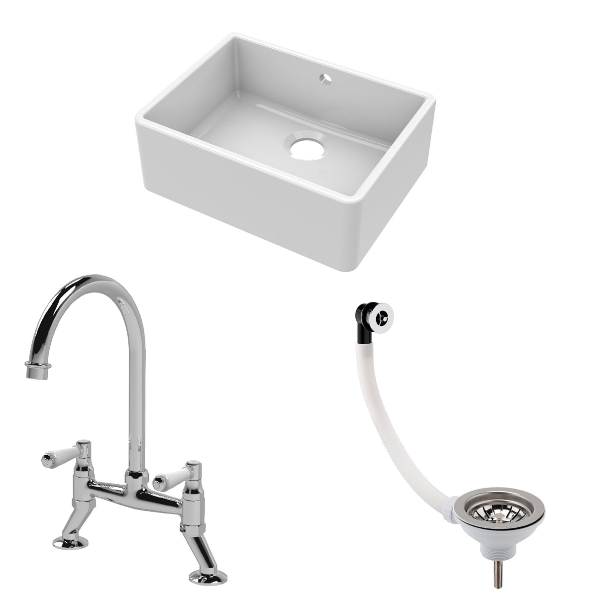 Fireclay Kitchen Bundle - Single Bowl Butler Sink with Overflow, Waste & Bridge Mixer Tap, 595mm - Chrome