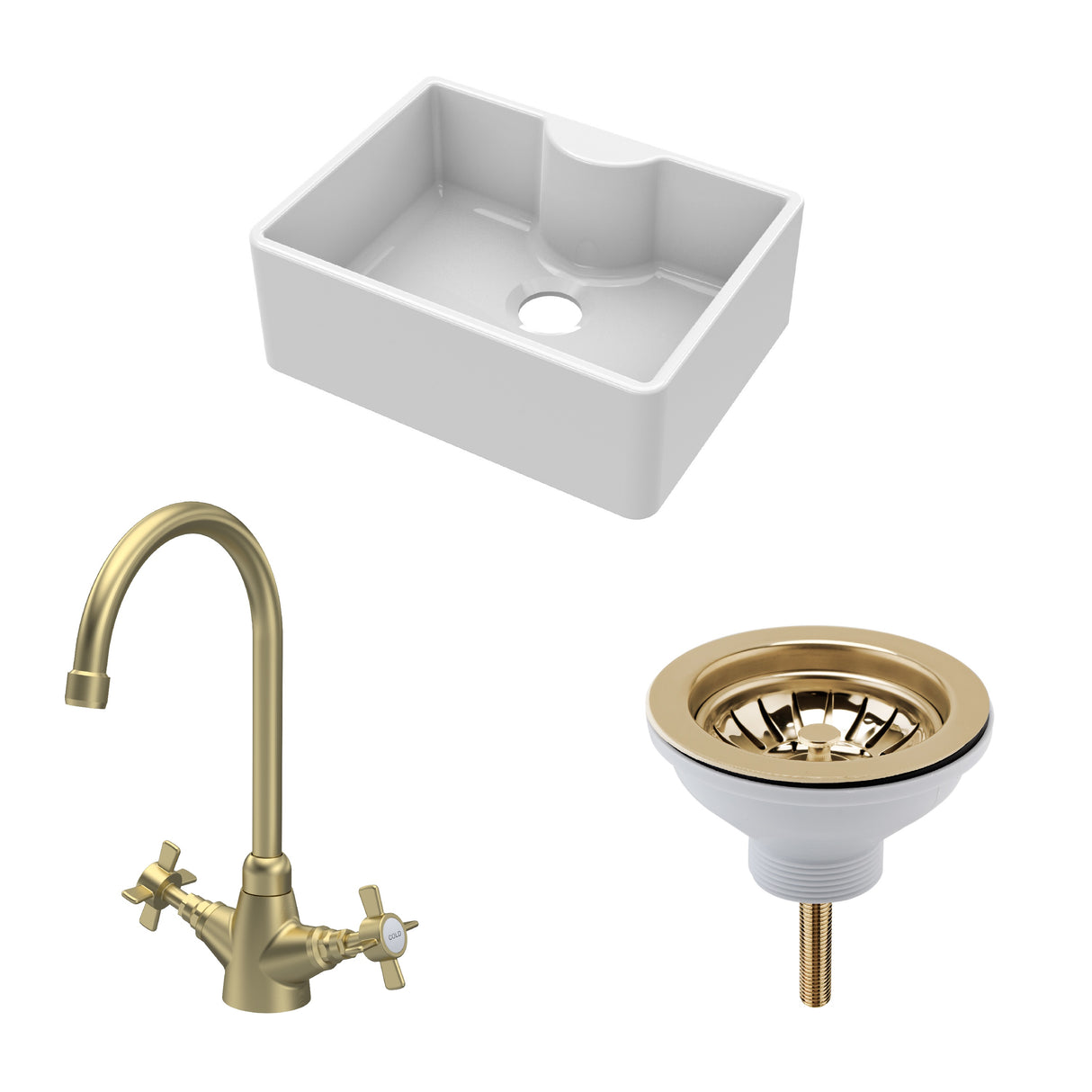 Fireclay Kitchen Bundle - Single Bowl Butler Sink with Tap Ledge, Waste & Mono Tap, 595mm - Brushed Brass