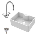 Single Bowl Fireclay Ceramic Butler Kitchen Sink Bundle with Tap Ledge, Mono Mixer Tap, & Waste