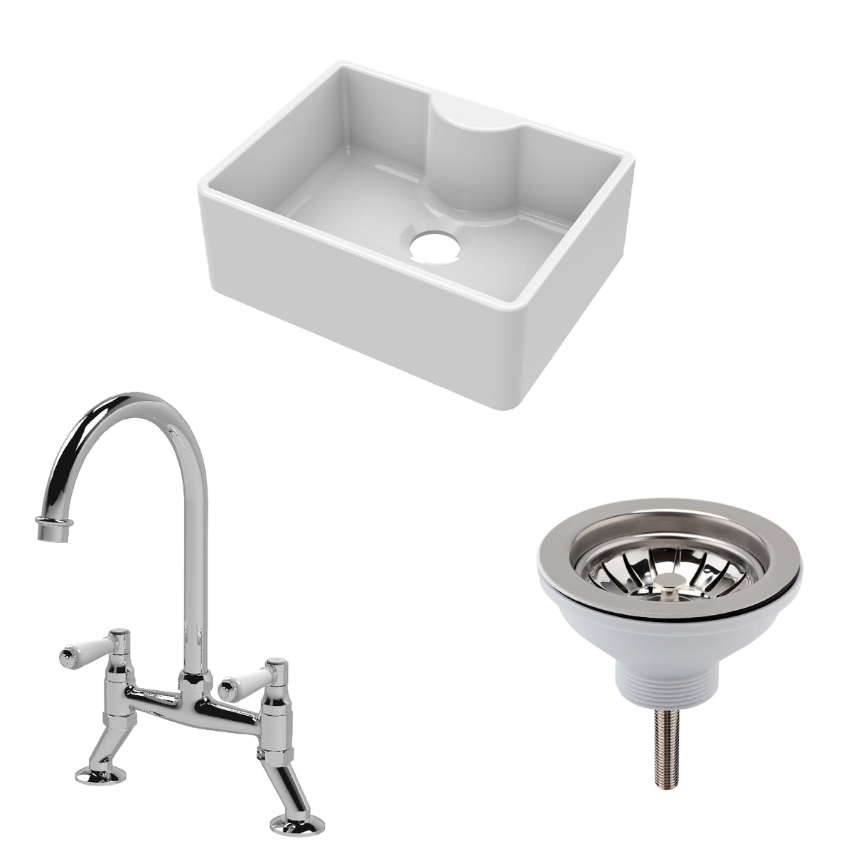 Fireclay Kitchen Bundle - Single Bowl Butler Sink with Tap Ledge, Waste & Bridge Mixer Tap, 595mm - Chrome