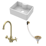 Fireclay Kitchen Bundle - Single Bowl Butler Sink with Overflow, Tap Ledge, Waste & Mono Tap, 595mm - Brushed Brass