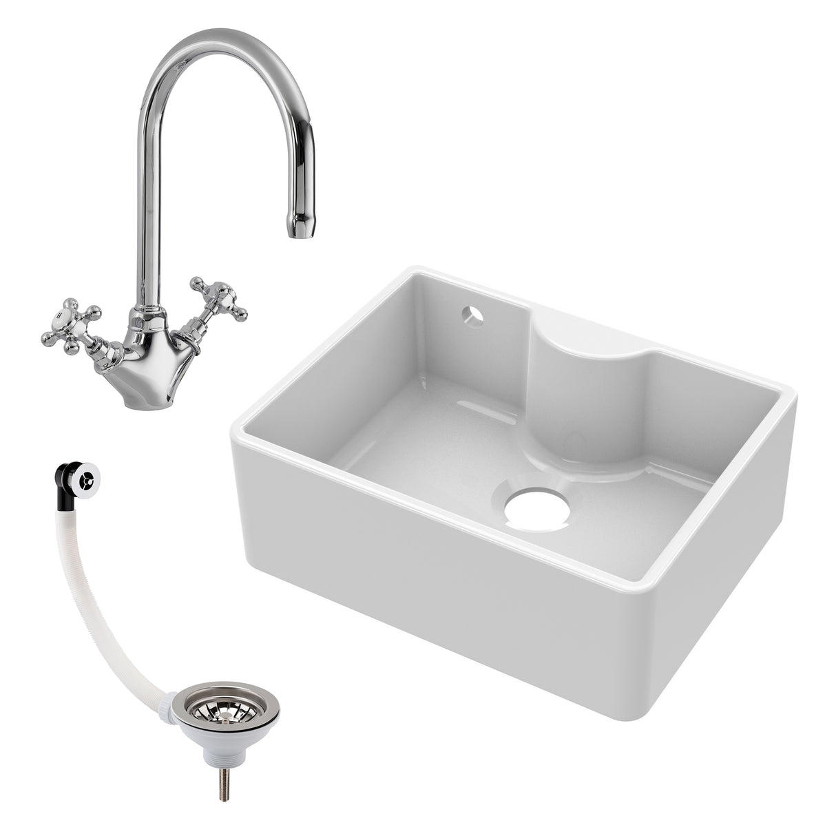 Single Bowl Fireclay Ceramic  Butler Kitchen Sink Bundle with Tap Ledge, Overflow, Tap & Waste