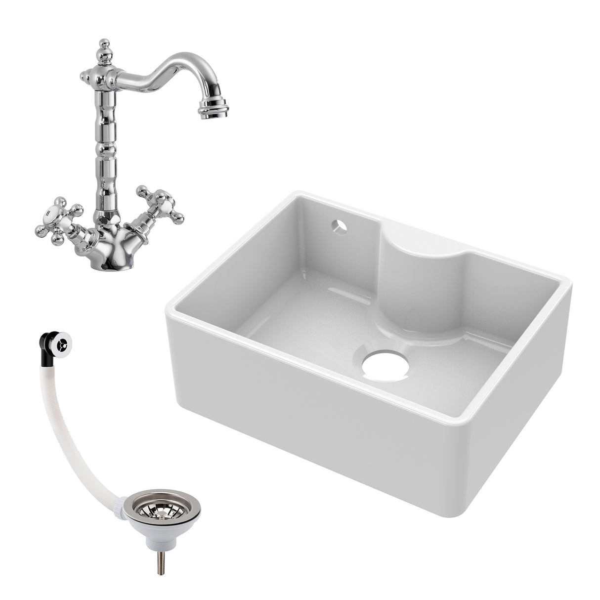 Single Bowl Fireclay Ceramic Butler Kitchen Sink Bundle with Classic Tap & Waste