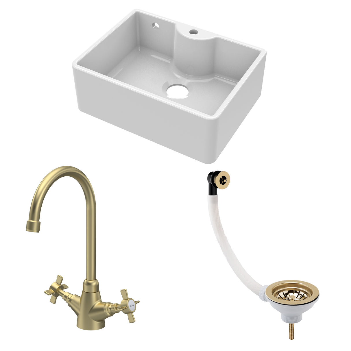 Fireclay Kitchen Bundle - Single Bowl Butler Sink with Overflow, Tap Hole, Waste & Mono Tap, 595mm - Brushed Brass