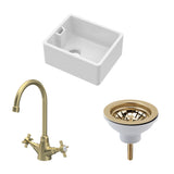 Fireclay Kitchen Bundle - Compact Single Bowl Belfast Sink, Strainer Waste & Mono Crosshead Tap, 460mm - Brushed Brass