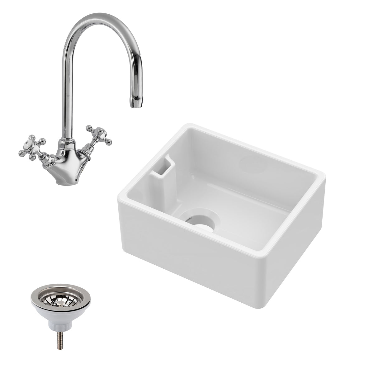 Single Bowl Fireclay Ceramic Belfast Sink Bundle with Overflow, Mono Mixer Tap & Waste