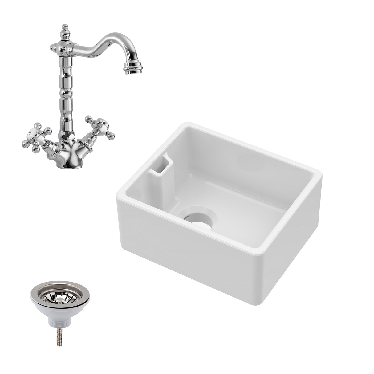 Single Bowl Fireclay Ceramic Belfast Sink Bundle with Overflow, French Mixer Tap & Strainer Waste