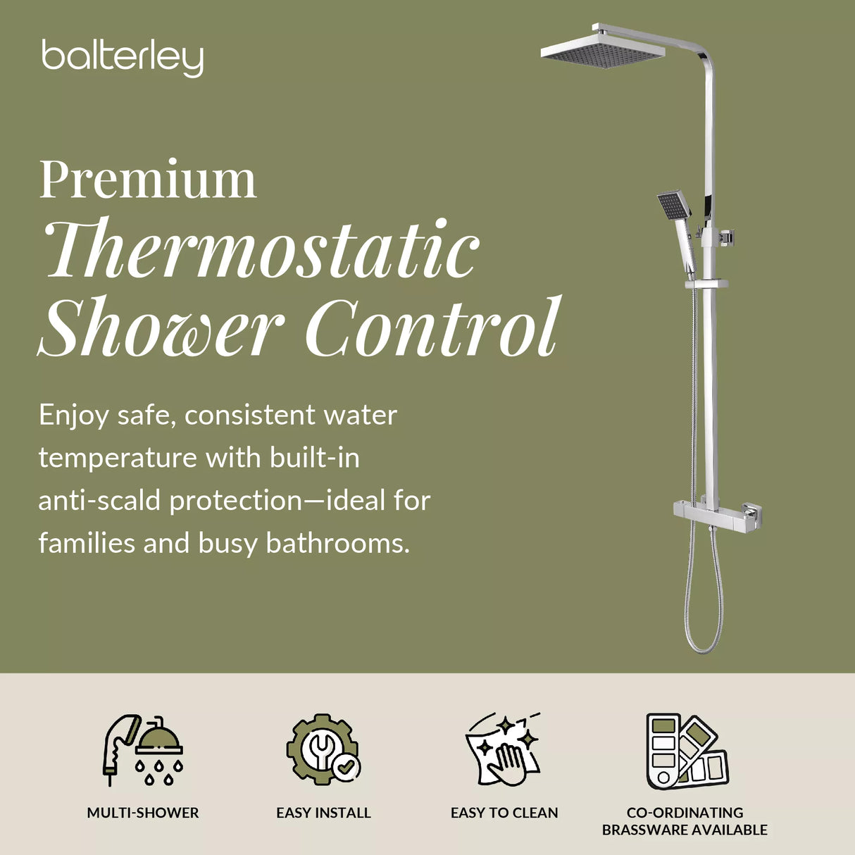Square Thermostatic Shower Kit with Fixed Head & Adjustable Handset - Multiple Colours Available