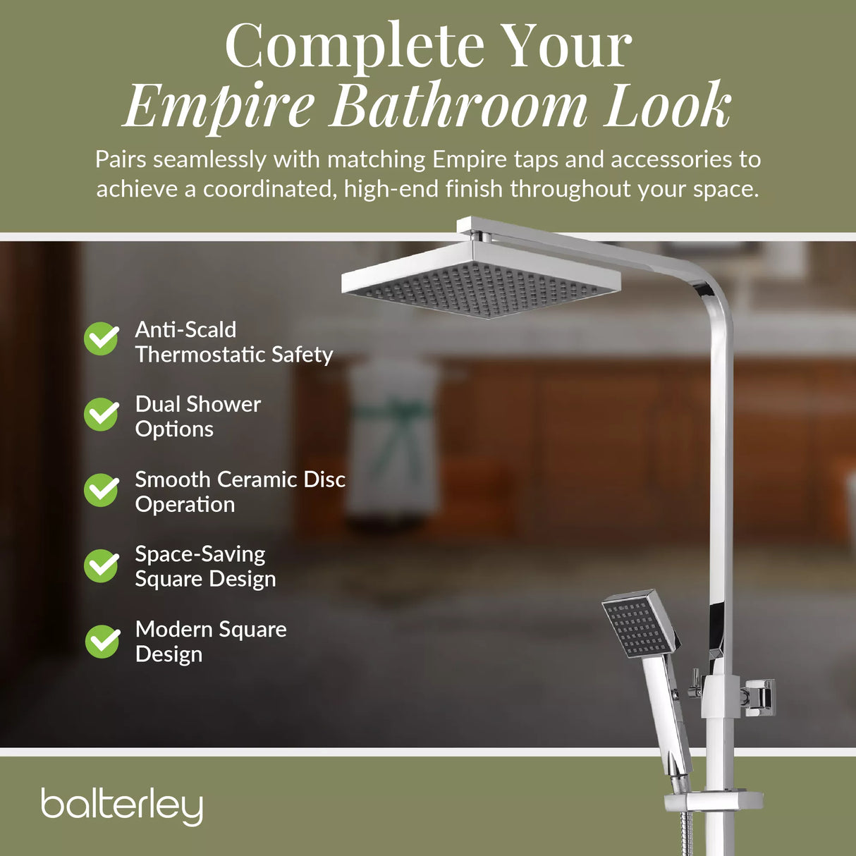 Square Thermostatic Shower Kit with Fixed Head & Adjustable Handset - Multiple Colours Available