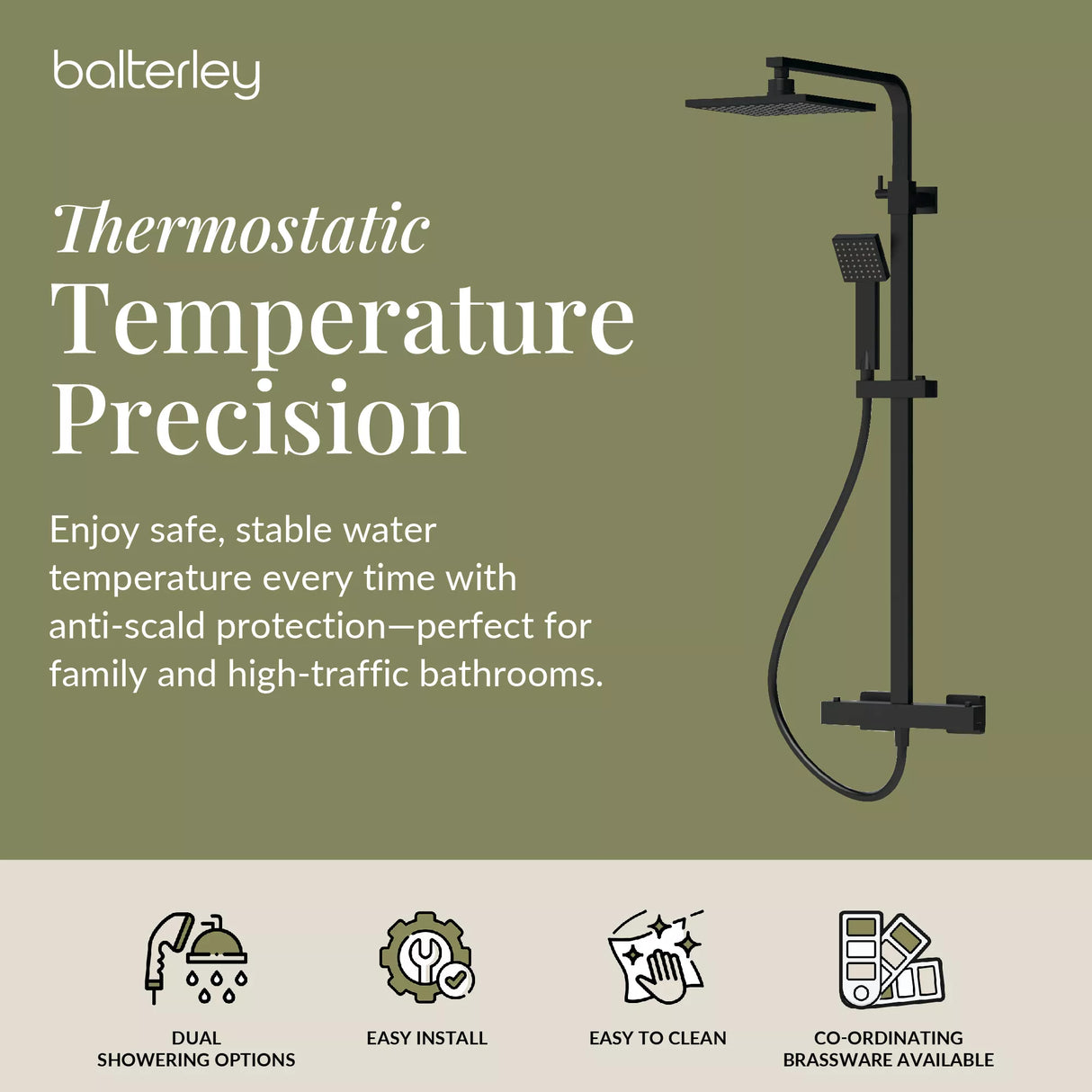 Square Thermostatic Shower Kit with Fixed Head & Adjustable Handset - Multiple Colours Available