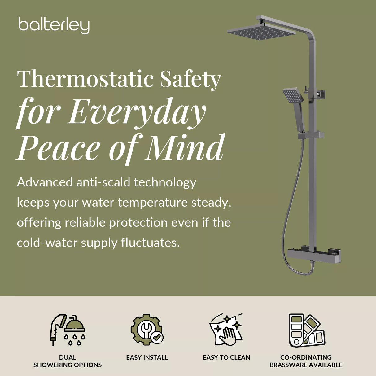 Square Thermostatic Shower Kit with Fixed Head & Adjustable Handset - Multiple Colours Available