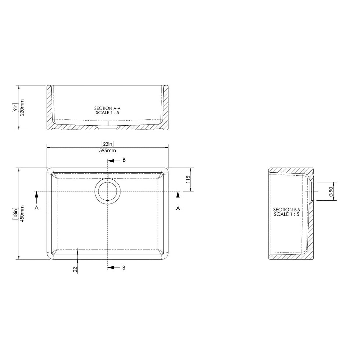 Single Bowl Butler Fireclay Kitchen Sink - 595mm - Multiple Colours