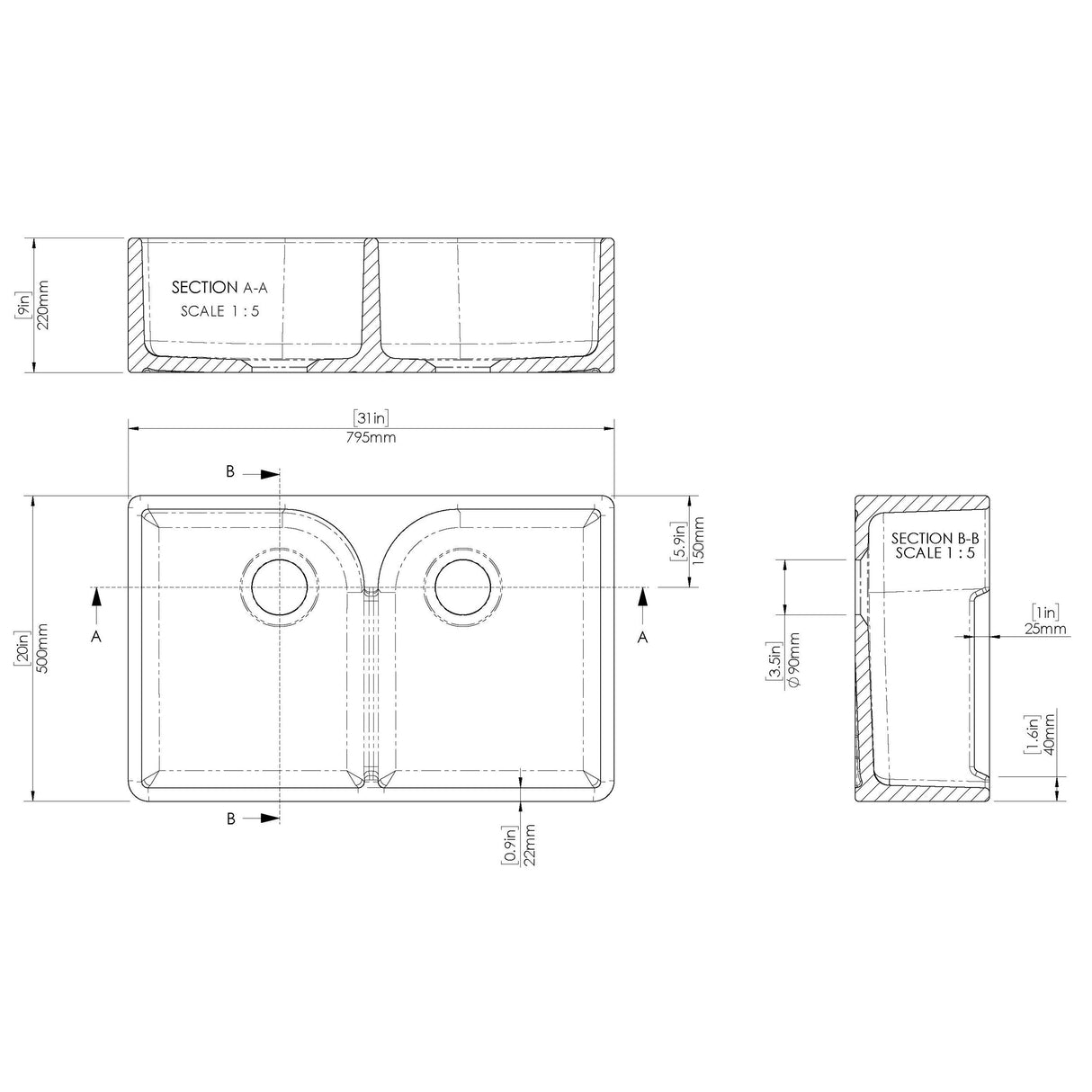 Double Bowl Fireclay Ceramic Stepped Weir Butler Kitchen Sink Bundle with Mono Mixer Tap & Waste