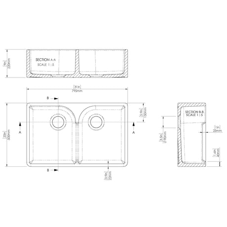 Double Bowl Fireclay Ceramic Butler Kitchen Sink Bundle with Stepped Weir, Classic Tap & Waste