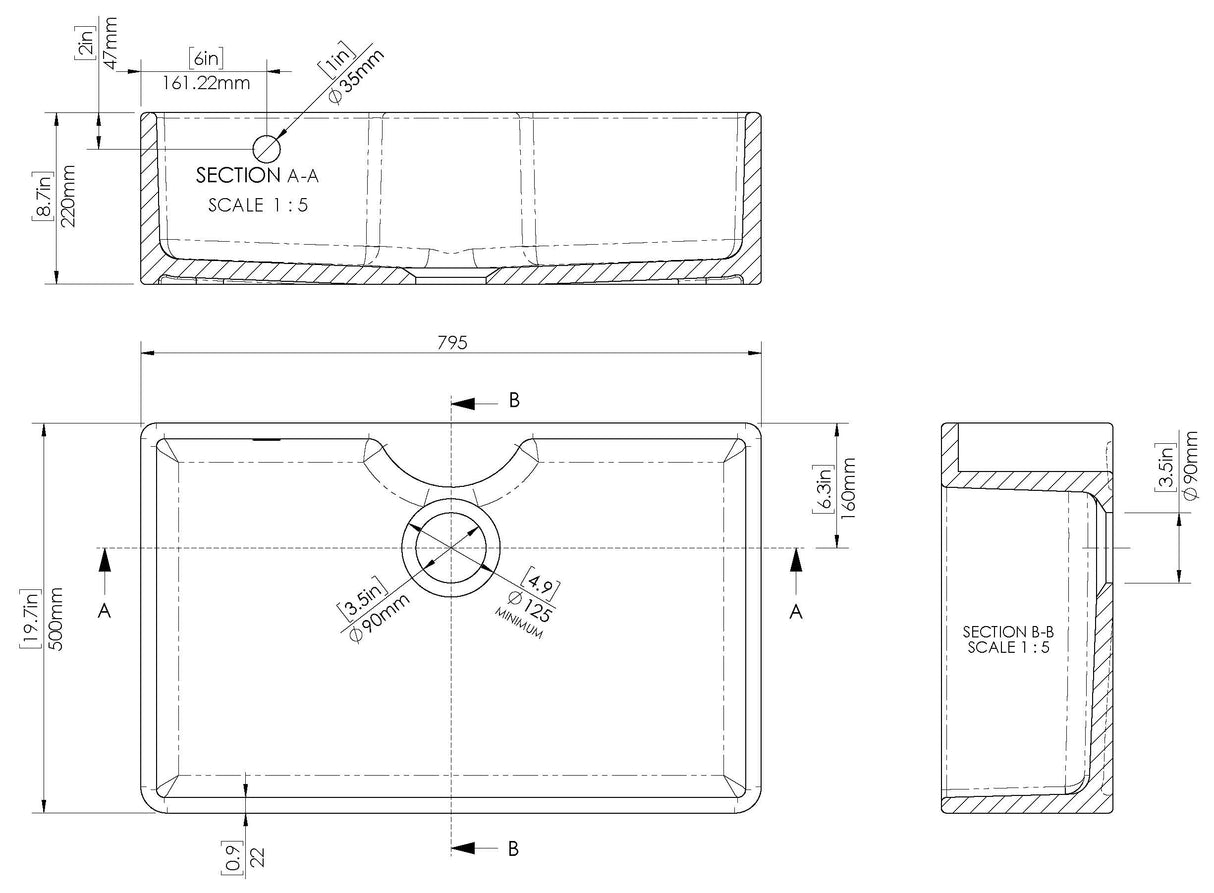 Single Bowl Butler Kitchen Sink with Tap Ledge and Overflow