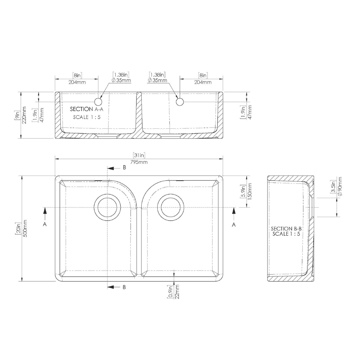 Double Bowl Butler Sink with Overflow - Choice of Tap and Waste - 795mm