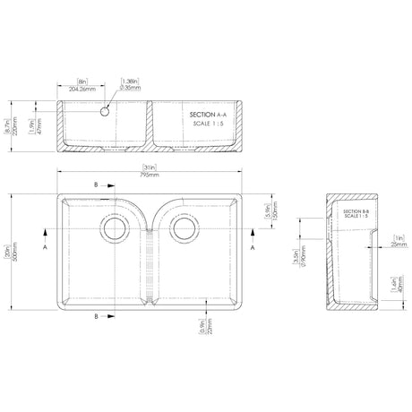 Fireclay Kitchen Bundle - Double Bowl Stepped Weir Butler Sink, Compatible Wastes & Bridge Lever Tap, 795mm - Chrome