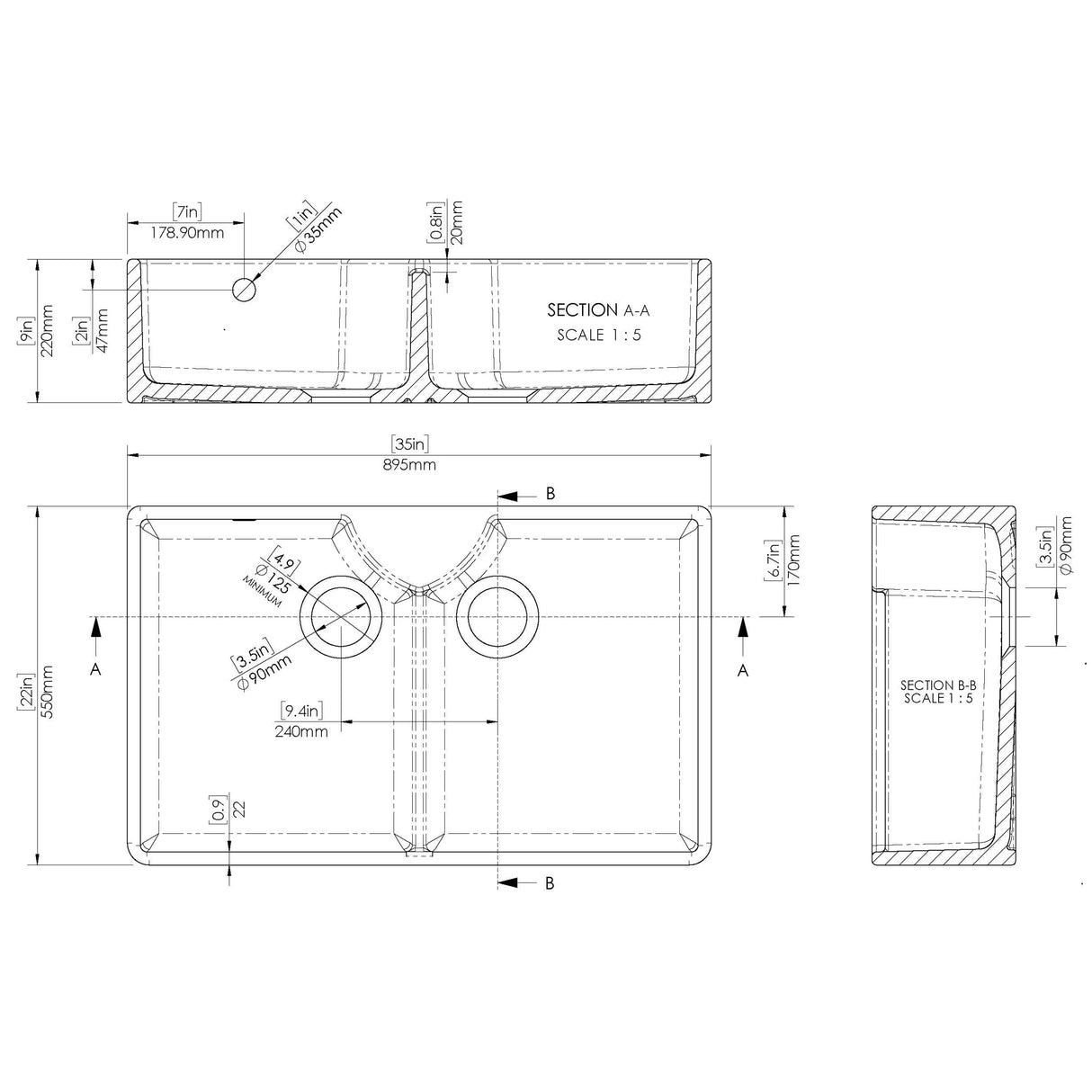 Double Bowl Fireclay Butler Kitchen Sink with Stepped Weir, Overflow, ledge & Wastes