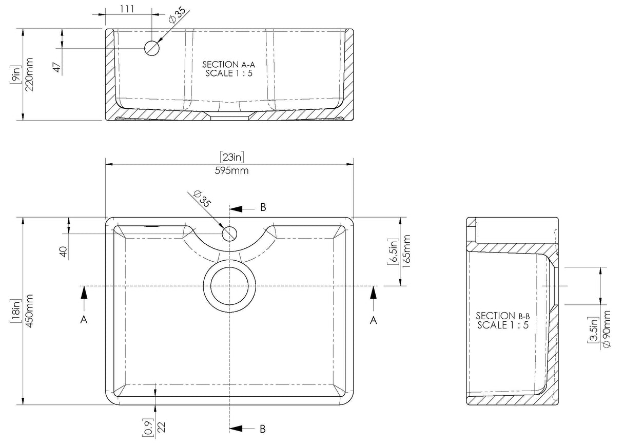 Fireclay Ceramic Single Bowl Butler Kitchen Sink with Tap Ledge, Overflow  & Tap Hole - 595mm Width