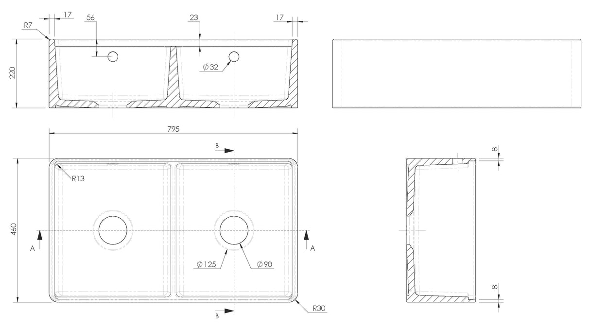 Double Bowl Fireclay Ceramic Kitchen Sink Bundle with Thin Edge, Flush Weir and Overflows, Work Station and Grid