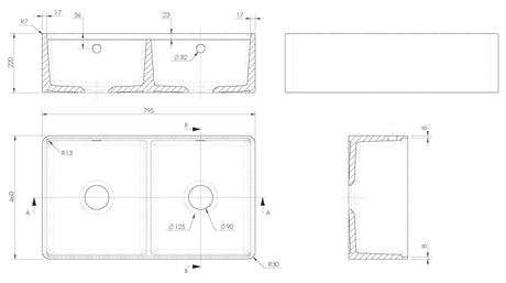 Double Bowl Fireclay Ceramic Kitchen Sink Bundle with Thin Edge, Flush Weir and Overflows, Work Station and Grid