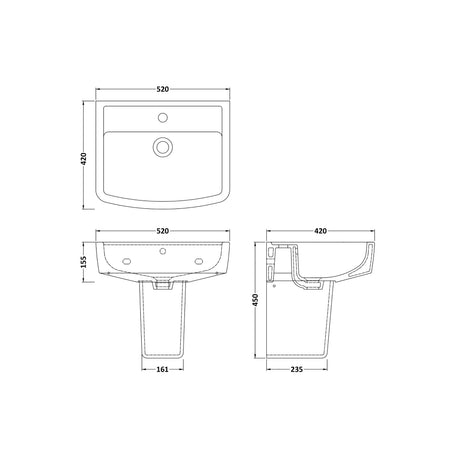 Modern White Square 1 Tap Hole Bathroom Basin & Semi Pedestal – 520mm