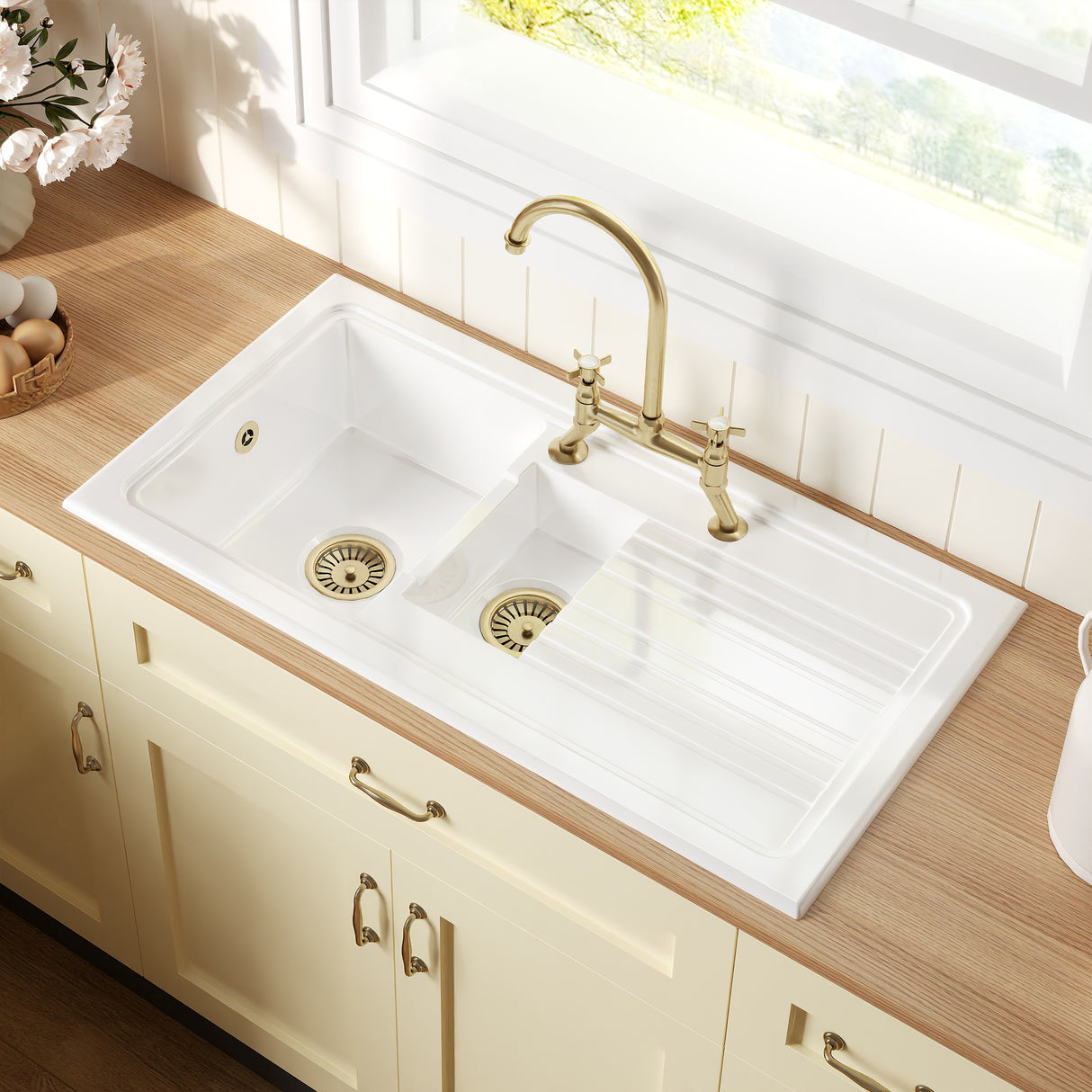 101cm 1.5 Bowl Fireclay Inset Kitchen Sink with Waste - 1010 x 525 x 235mm - Choice of Waste Finish