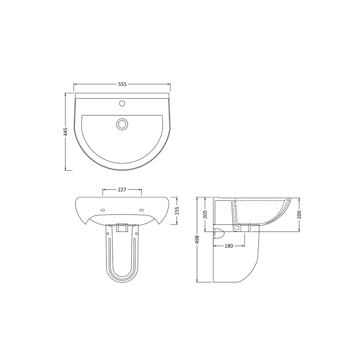 Modern White Soft Round Semi Pedestal Bathroom Basin – 1 or 2 Tap Hole (555mm)
