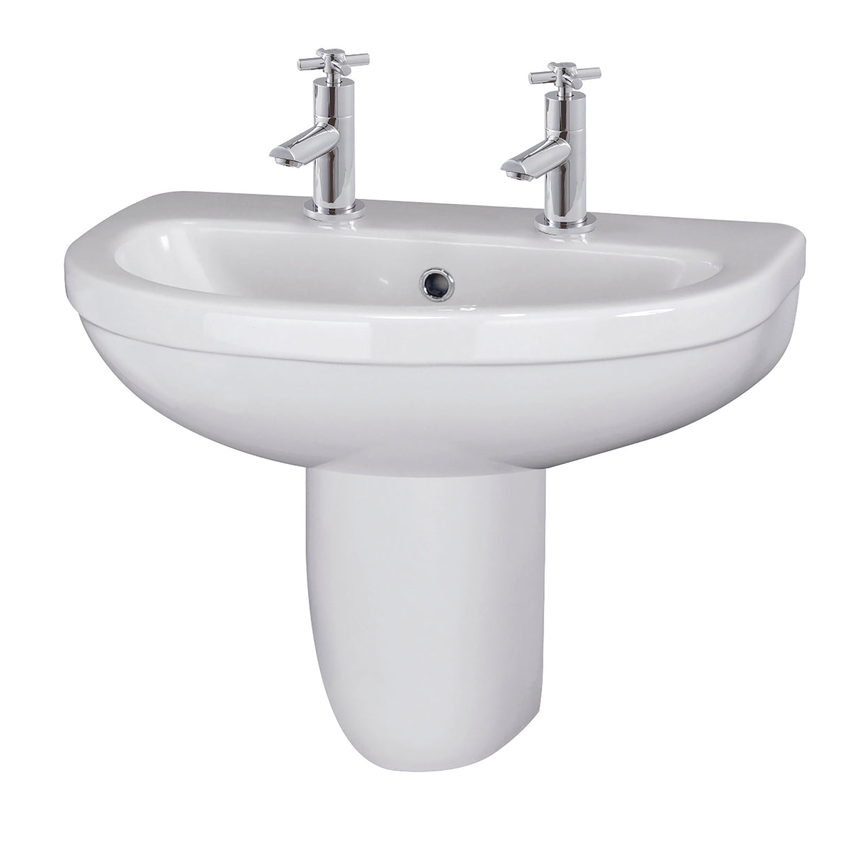Modern White Soft Round Semi Pedestal Bathroom Basin – 1 or 2 Tap Hole (555mm)