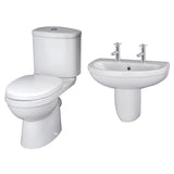 Vito Ceramic Bathroom Bundle – Toilet Pan with Cistern, Soft-Close Seat & 550mm Basin with Full or Semi Pedestal (1TH or 2TH)