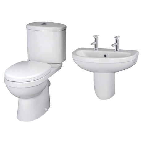 Vito Ceramic Bathroom Bundle – Toilet Pan with Cistern, Soft-Close Seat & 550mm Basin with Full or Semi Pedestal (1TH or 2TH)